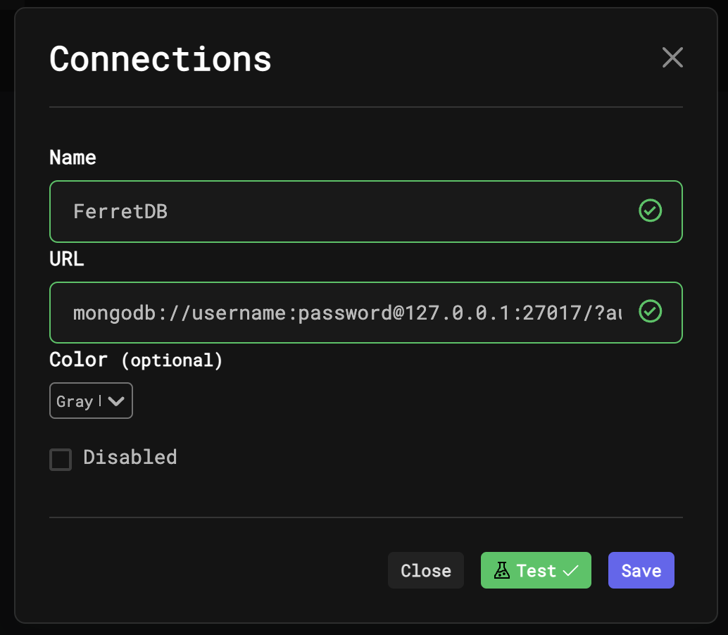 Connection window with URI